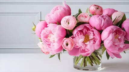 A fresh, vibrant pink peonies and roses, beautifully placed in a clear glass vase. 