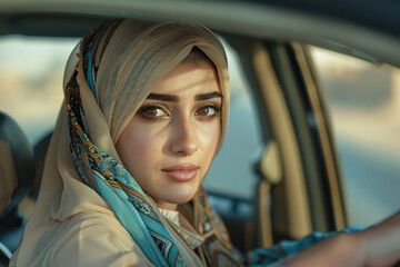 Young arabian woman driving a car