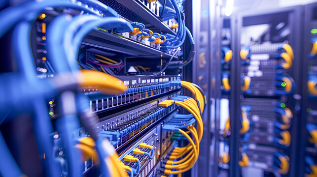 a server room with cables neatly organized and connected to servers, routers, and other networking equipment, emphasizing the importance of structured cabling in data centers