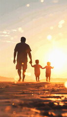 Fototapeta premium Father and Two Children Walking Towards Sunset on the Beach