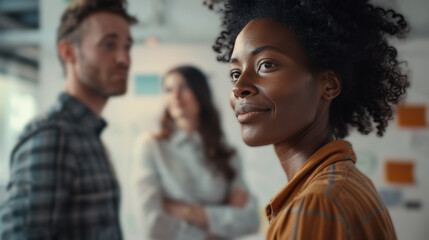 Obraz premium Confident businesswoman in office setting. A young businesswoman with a warm smile looks confidently towards the future while standing in a modern office setting.