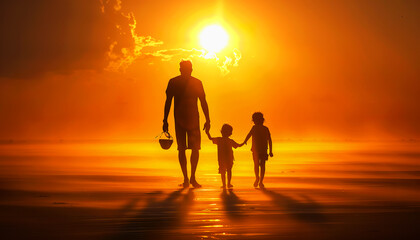 Fototapeta premium Silhouette of Family Walking on the Beach at Sunset