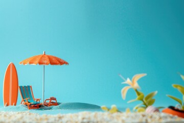 Artistic arrangement with mini surfboard chair and umbrella on blue backdrop