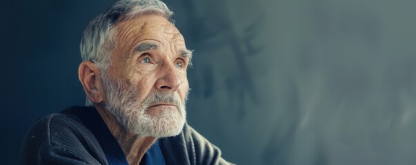 Introspective senior man gazing upward, deep in thought, with soft natural light.