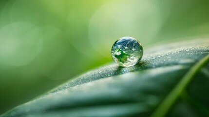 Earth globe water droplet leaf. Closeup of a water droplet shaped like the earth resting on a dewy green leaf, a symbolic image of nature and the environment.