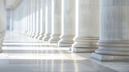 Fototapeta premium White marble columns in a row. Classic white marble columns receding into the distance create a sense of grandeur and timeless beauty.