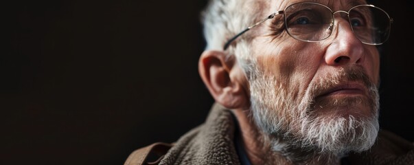 Introspective senior man gazing upward, deep in thought, with soft natural light.