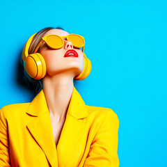 Stylish woman in yellow jacket, headphones, and sunglasses looking up, isolated on blue background. Vibrant and trendy fashion concept.