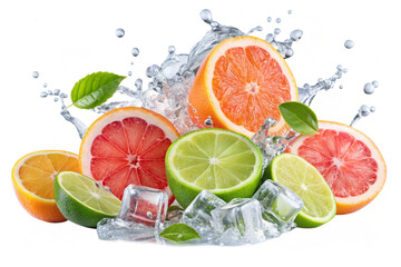 Grapefruit and lime splash water and ice cubes png