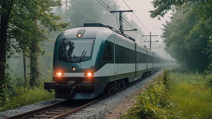 Fototapeta premium open environment of beautiful nature with modern electric train, atmosphere of the day, railway, train travels on railway