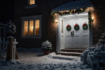 White front door with Christmas wreath and festive decorations on holidays at snowy night