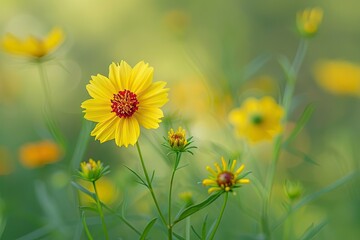 Bright yellow Tickseed coreopsis with red center and feathery green leaves