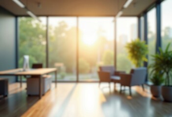 Beautiful Blurred Background of Light Modern Office Interior Panoramic Windows with Soft Lighting and Contemporary Design