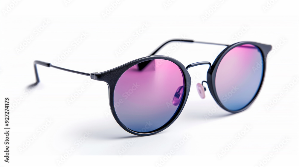 Wall mural trendy round sunglasses with purple-pink gradient lenses, set in a matte black frame, offering a chi