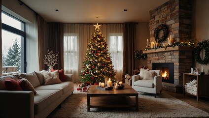 Wide-shot photo of a cozy family room with Christmas decoration. Interior design