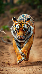 Fototapeta premium A tiger is running through a dirt road
