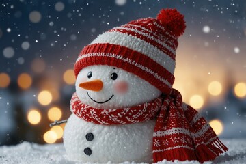 Winter holiday christmas background banner - Closeup of cute funny laughing snowman with wool hat and scarf, on snowy snow snowscape with bokeh lights 