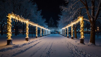 the winter park is decorated with garlands, the beautiful photo zone is covered with snow, the fabulous atmosphere of the night city