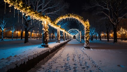 the winter park is decorated with garlands, the beautiful photo zone is covered with snow, the fabulous atmosphere of the night city