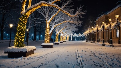 the winter park is decorated with garlands, the beautiful photo zone is covered with snow, the fabulous atmosphere of the night city