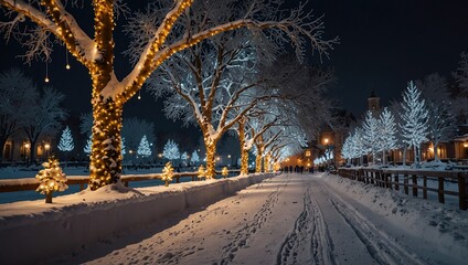 the winter park is decorated with garlands, the beautiful photo zone is covered with snow, the fabulous atmosphere of the night city
