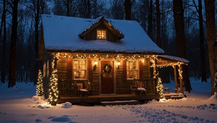 Tiny and Cozy house Cabin Exterior with Christmas lights. Ideal picture that brings up holiday spirit