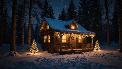 Tiny and Cozy house Cabin Exterior with Christmas lights. Ideal picture that brings up holiday spirit
