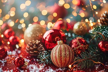 A festive arrangement of Christmas ornaments and greenery with soft lights in the background.
