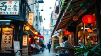 Traveler Relaxing at Outdoor Japanese Alley Cafe with Coffee