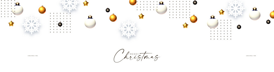 Naklejka premium Christmas and New Year background. Winter halftone decoration. Elegant border with balls and stars. Gold and snow
