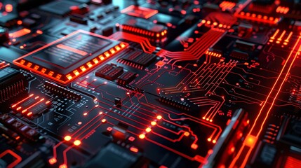 Obraz premium A close-up of a high-tech circuit board with bright red and orange LED lights, surrounded by holographic displays and digital interfaces.