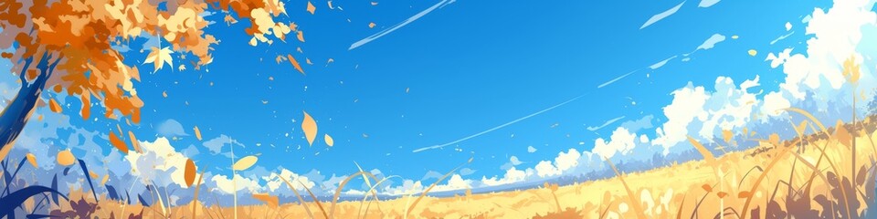 Naklejka premium Enchanting Anime-Style Autumn Breeze: Vibrant 4K Wallpaper with Dreamy Fall Scenery. Fresh Colors and Whimsical Animation Capture Nature's Seasonal Beauty for UI, Web, and Poster Designs. Perfect for 