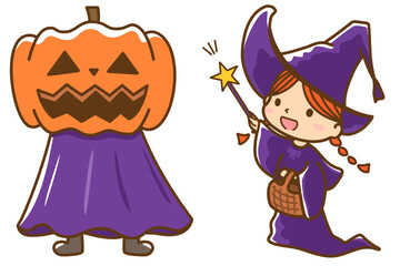 ハロウィーンパーティのかぼちゃのお化けと魔法使いのイラスト