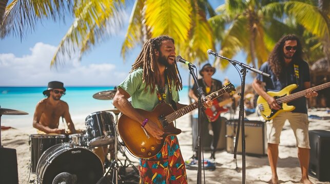 Lively Reggae Band Performing on Tropical Beach