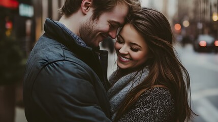 Fototapeta premium Embracing Couple Sharing Tender Moment During City Stroll