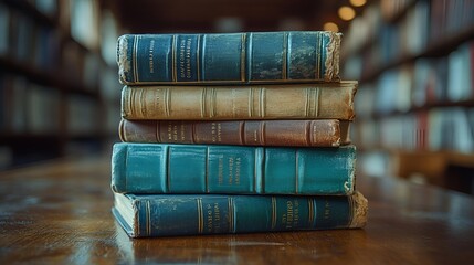 A weathered stack of leather-bound books, gathering dust on an antique bookshelf, whispers tales of forgotten knowledge