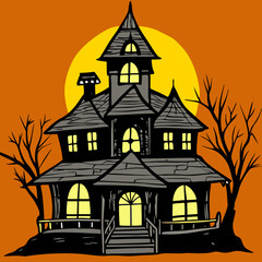  a spooky, haunted house with a classic, eerie design. The house is dark gray with multiple peaked roofs and a central tower. The windows are glowing yellow, giving the impression of light coming from