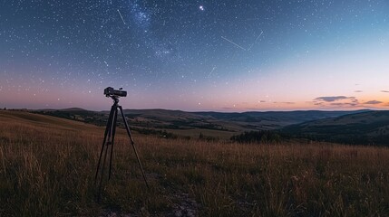 A tripod setup for astrophotography capturing constellations with a natural landscape background