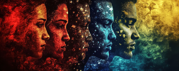 Diverse Stars of America. A vibrant, abstract image featuring five individuals in different colors and patterns, symbolizing the diverse and united voices of the American electorate during elections.
