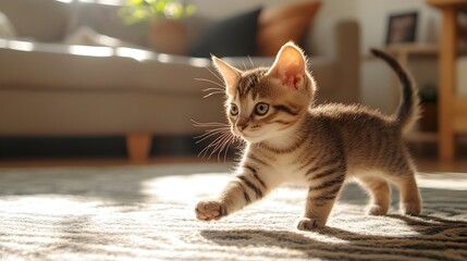 Playful Kitten Explores Cozy Sunlit Living Room with Curiosity and Charm