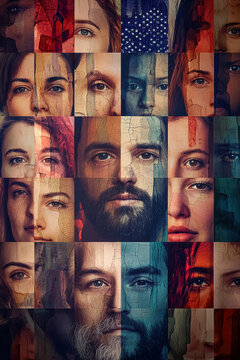 Diverse Voices, One Nation. An artistic composition of multiple faces, each with unique features, layered with the American flag, representing the diverse voices within the United States.
