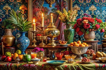 Obraz premium Maximalist Opulence: Layers of textures, bold patterns, and luxurious materials on tabletops and surfaces, embracing a maximalist and opulent style.