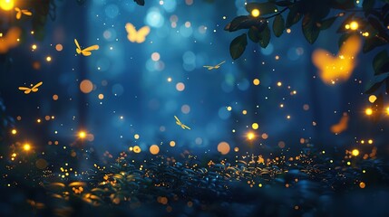 A serene forest scene illuminated by glowing lights and butterflies, evoking a magical atmosphere.