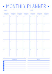 blank one page monthly planner with notes and priorities lists, adjustable to any month of any year, digital and printable option, school, office, business