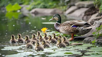 Obraz premium A mother duck swimming with her adorable ducklings in a serene pond surrounded by nature