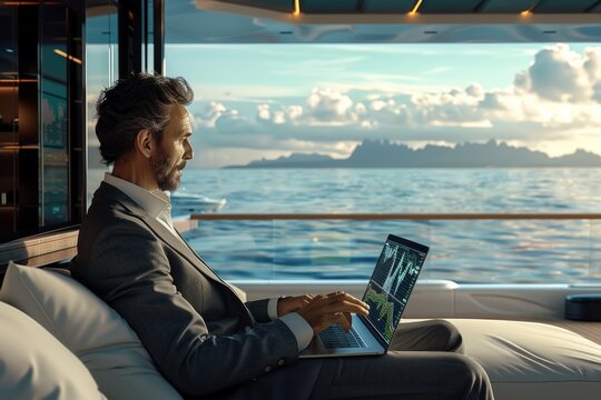 A man focuses intently on his laptop as the sun sets over the ocean
