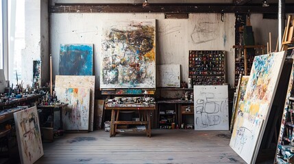 Vibrant and Eclectic Studio with Canvases Paints and Sketches
