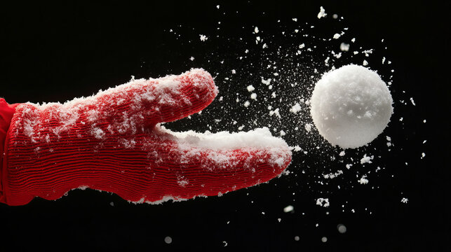 closeup of a red knit snowy mitten glove throwing a clean soft white snowball isolated on black background with snowflakes winter fun snow day with negative space and copy space