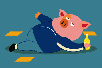 A spoiled marginal wild drunken pig with beer