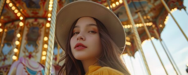 Fototapeta premium Smiling woman in a sun hat taking a selfie at a vibrant carousel. Free copy space for text.